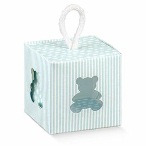 Schachtel quadratisch mit Teddyausschnitt, hellblau weiß gestreift, 5 x 5 cm, mit Kordel zum Aufhängen, 10 Stück