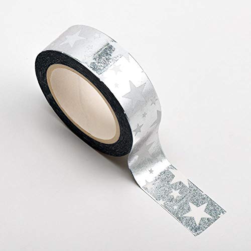Washi Tape selbstklebend Silber glänzend mit weißen Sternen 15mm x