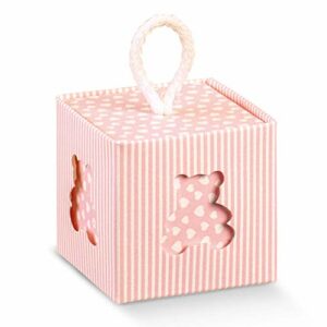 Schachtel quadratisch mit Teddyausschnitt, rosa weiß gestreift, 5 x 5 cm, mit Kordel zum Aufhängen, 10 Stück